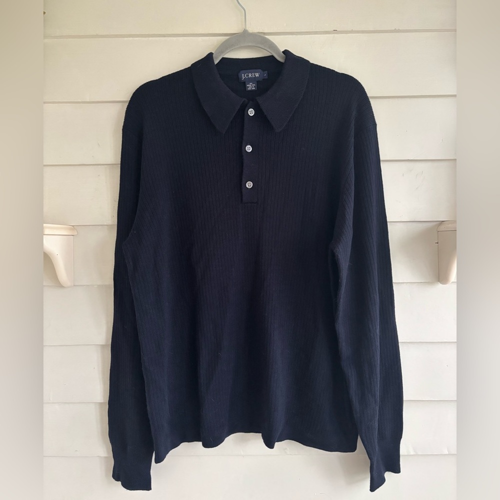 J. Crew Men's Navy Blue Merino Wool Ribbed Collared Long Sleeve Shirt Size L